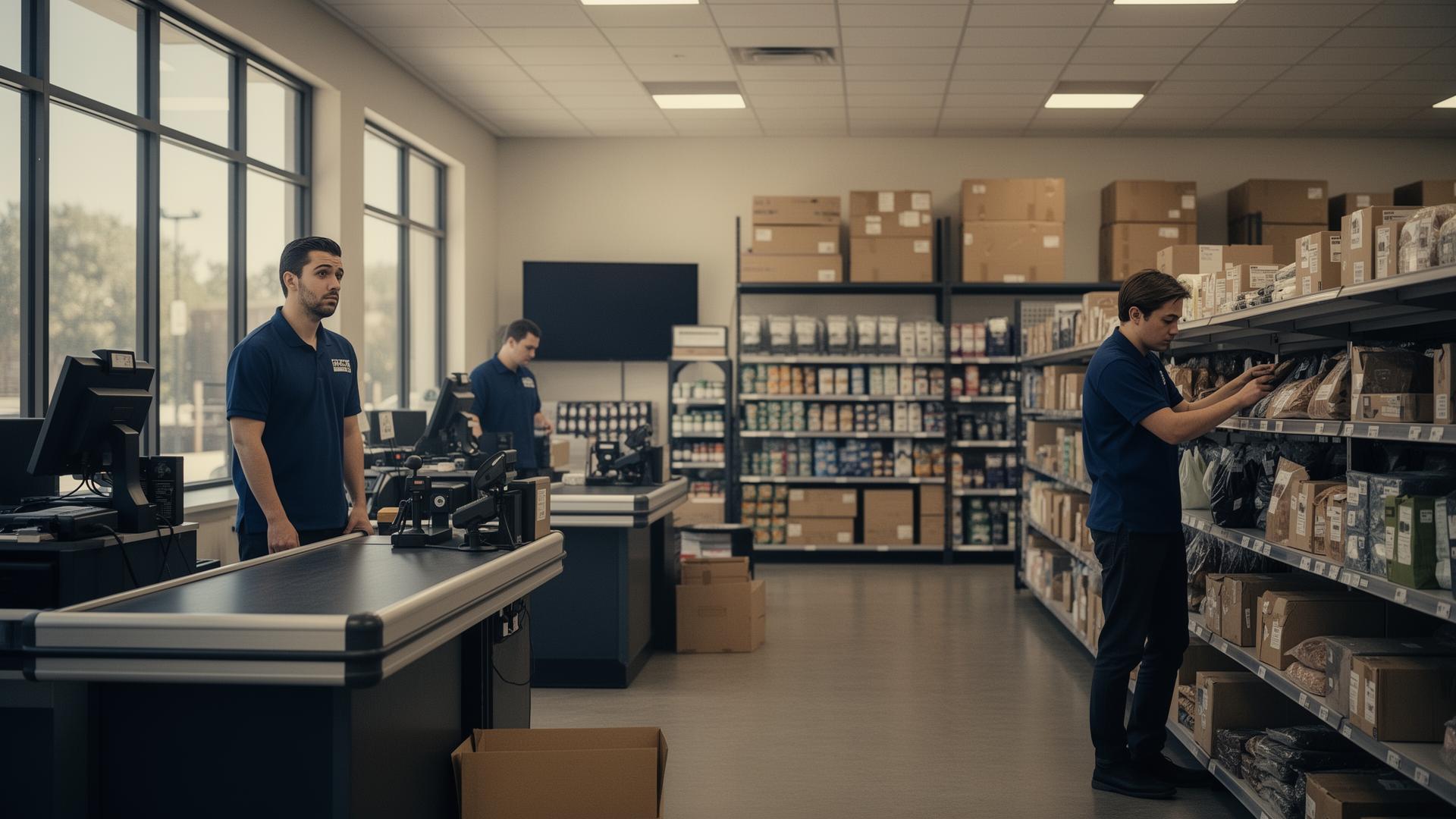 Pracownik sklepu z urządzeniem komunikacyjnym Voqual w tle magazynu i kasy